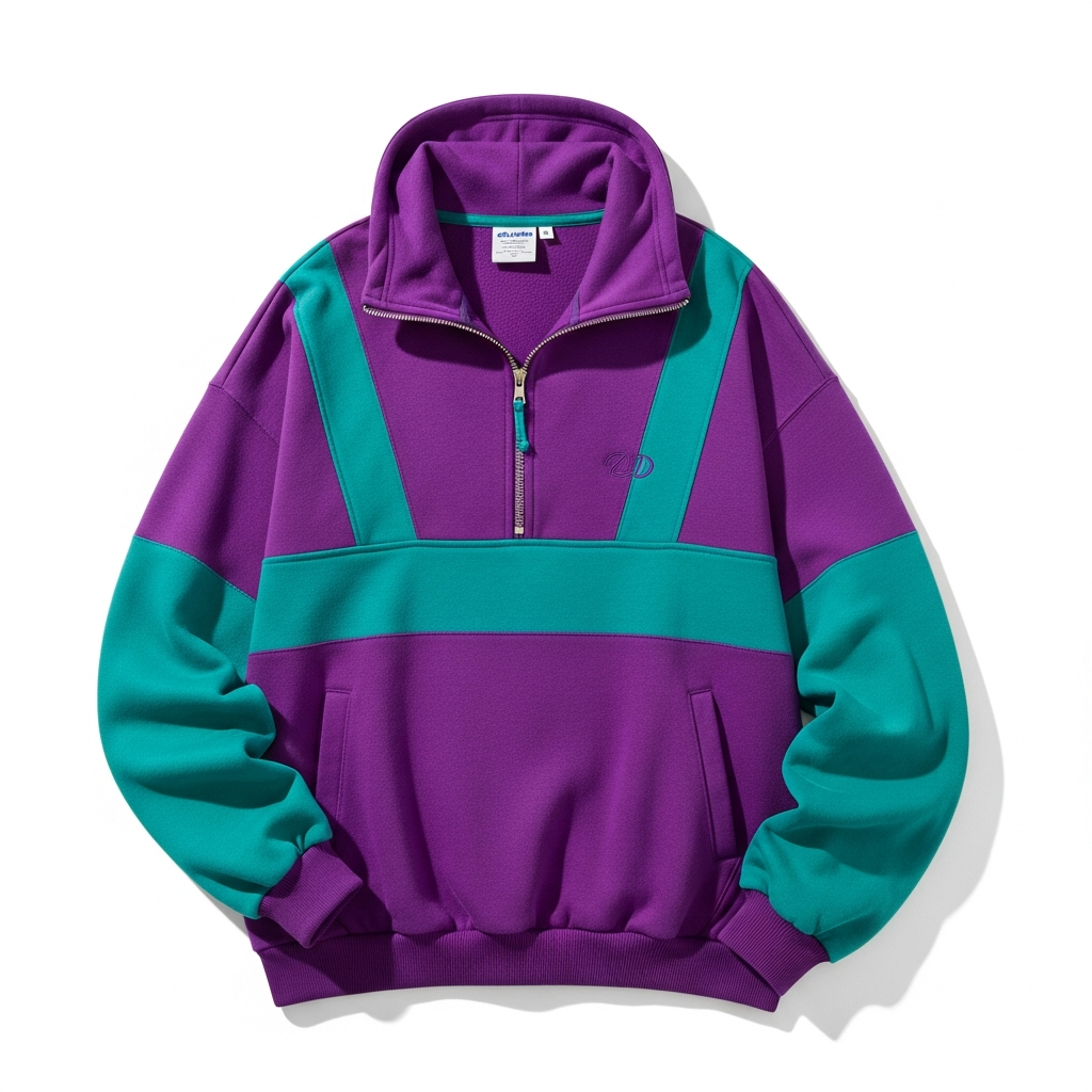 Purple and teal color block half-zip hoodie